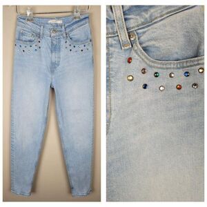 Levi's Mom Jean Jeweled Rhinestone High Waist Light Wash Blue Crop Jeans Sz 24